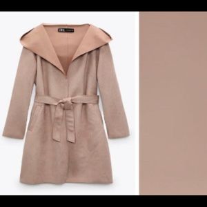 NEW ZARA Dusty Rose Pink Faux Suede Duster Jacket; Tie Hooded Jacket; Size L